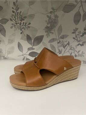 UGG Cognac Leather Espadrille Wedge Slide Sandals
